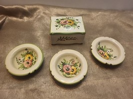 Vintage Made in Italy Pottery Trinket Box with Hand Painted Flowers &amp; 3 Dishes - £17.87 GBP