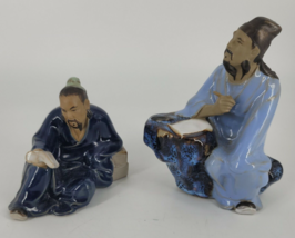 Vintage Chineese Shiwan Mudman Figurines Set of 2 Blue Glazed Clay Signed - $28.05