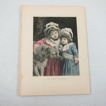 Antique 1800s Victorian Engraving Print Little Girls &amp; Dog Three Friends... - £15.72 GBP