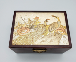 Vintage Chokin Art Wood Lacquer Trinket Box Peacocks Japan Guilded Gold Silver - £14.78 GBP