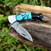 Damascus Camping Tactical Folding blade Pocket Knife Hunting Skinning Ca... - $23.72