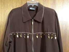 Silver Threads Brown Feather Charms Shirt Blouse Sz XLG Top Collared Zip... - £16.69 GBP