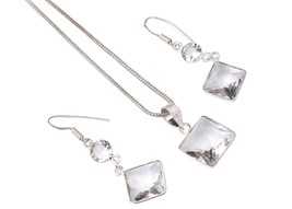 Sterling Silver White Topaz Gemstone Handmade Pendant Earrings Women Party Wear - £34.14 GBP