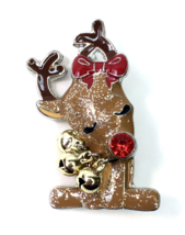 Rudolph the Red Nosed Reindeer Christmas Brooch Pin Enamel Rhinestone Bells - £11.79 GBP