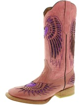 Womens Western Boots Cowboy Pink Leather Purple Sequins Heart Wings Size 6.5 - $96.03