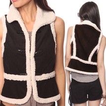 Forever21 Corduroy Cream faux Shearling Black Winter Ski Vest Jacket Coat Top - £55.94 GBP