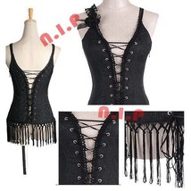 Black Goth Open Lace Up Cutout Back Vest Tassel Fringe Punk Visual Kei R... - $143.00