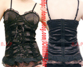 Black Satin Floral Lace Tie Hook Up Corset Gothic Punk Lolita Visual Kei Top - $105.00