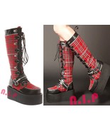 Demonia Red Plaid Platform Knee High Goth Punk Cyber Creeper Rockabilly ... - £255.74 GBP