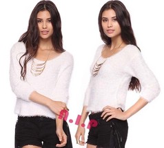 Forever21 Fuzzy Fluffy Furry Cream Crop Pullover Sweater Jumper Soft Knit Top - £82.33 GBP