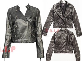 Forever21 Heavy Metal Metallic Charcoal Moto Biker Punk Faux Leather Jac... - £163.61 GBP