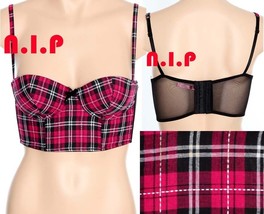 HOT TOPIC Pink Black Plaid Corset Sheer Mesh Plaid Corset Crop Bralet Goth Top - £72.74 GBP