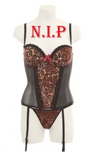 Hot Topic Leopard Mesh Corset Bustier Burlesque Lingerie SET Top Goth Punk Thong - £83.93 GBP