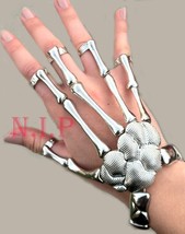 Metallic Silver Cyber Goth Futuristic Skeleton Hand Wrist Ring Punk Emo Bracelet - £62.12 GBP