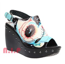 Too Fast Day of the Dead Face Stud Goth Platform Wedges Open Toes Punk S... - $202.00