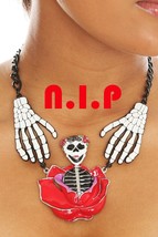 Too Fast Muerta Skeleton Skull Hands Floral Rose Goth Punk Necklace Rockabilly - £93.52 GBP