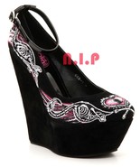 Too Fast Punk Embroidery Flamingo Skeleton Goth High Platform Wedges Hee... - £158.95 GBP