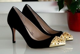 Zara Gold Court Studded Spikes Gems Cap Toe Pumps High Heels Runway Party Shoes - £197.44 GBP