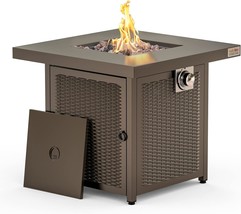 Propane Fire Table, Outdoor Fire Pit Table With Lid And Lava Rock, 28&quot;, Brown - $194.92