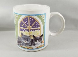 Two Cats On A Window Night Mug Japan Gray Black White Moon Stars - $7.68