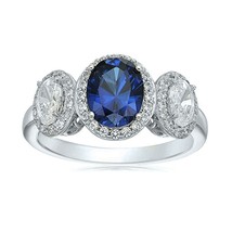 Sterling Silver Oval Cut Halo 3 stone Sapphire &amp; Cubic Zirconia Engagement Ring - £47.92 GBP