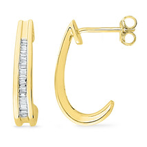 10k Yellow Gold Womens Baguette Diamond Half J Hoop Earrings 1/6 Cttw - £194.15 GBP