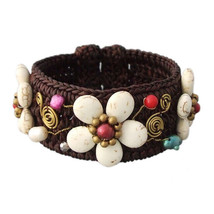 Woven White Turquoise-Pearl Floral Swirl Cuff Bracelet - £12.71 GBP
