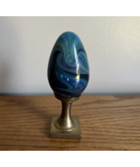 VTG GES 91 Glass Paper Weight Egg Blue Purple Swirl on Hosley Solid Bras... - £18.24 GBP