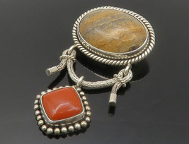 BALI 925 Sterling Silver - Vintage Cabochon Cut Jasper Twist Brooch Pin - BP4739 - £86.64 GBP