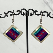 Vintage Southwestern Woven Inlay Square Silver Tone Earrings Pierced Pair - £13.19 GBP