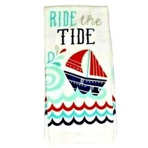 Ritz Ride the Tide Kitchen Towel Ship Nautical Cotton Red Teal White Sail Boat - £8.52 GBP