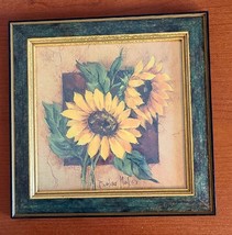 Vintage Garden Art Print Sunflowers Wood frame Barbara Mock 11.5&quot;  matted - £21.48 GBP