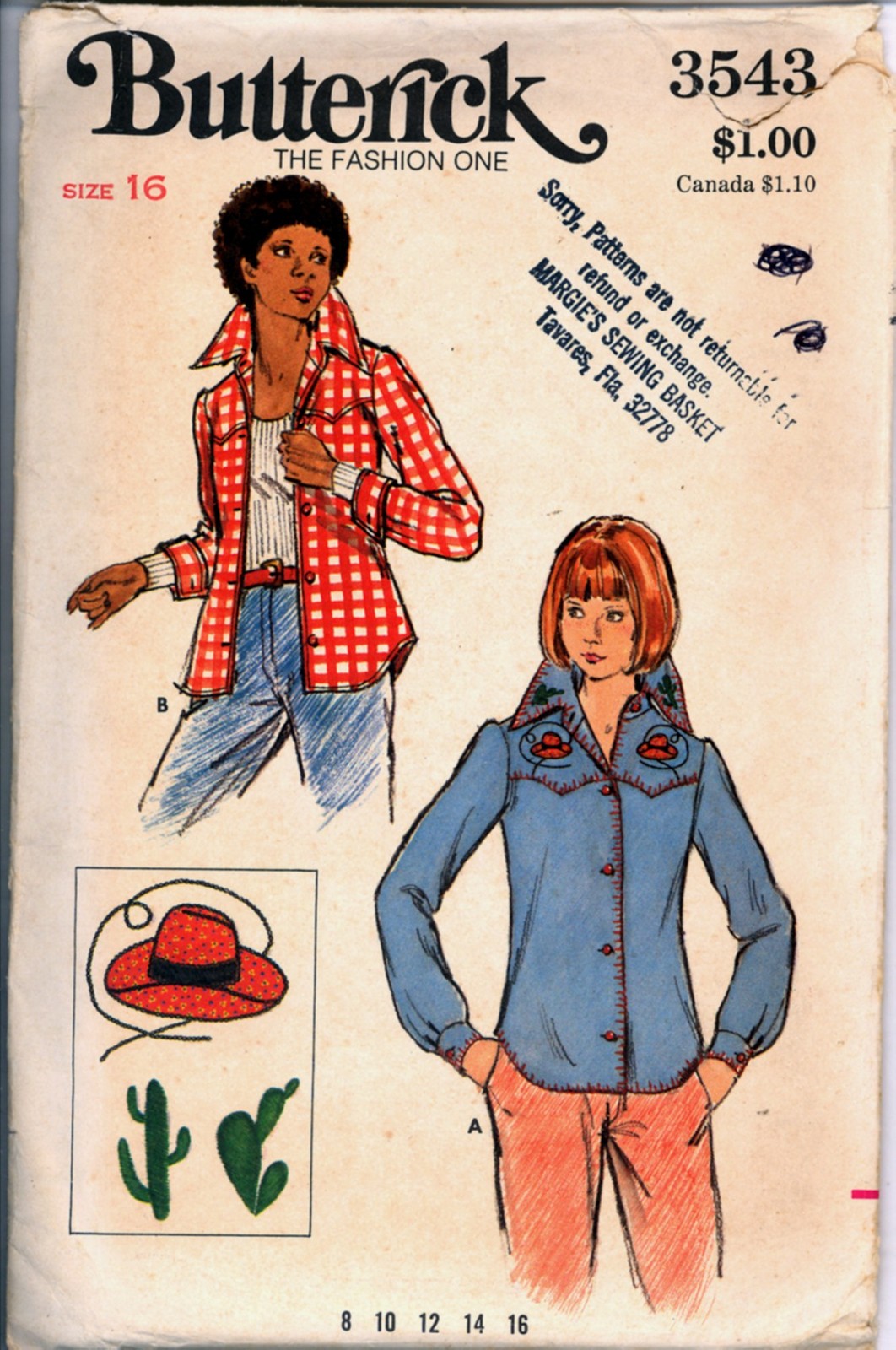 Uncut 1970s Size 16 Bust 38 Western Shirt Transfer Butterick 3543 Pattern Cowboy - $6.99