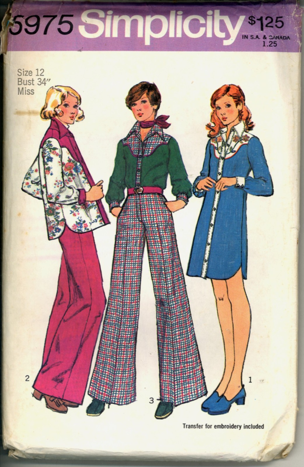 Uncut 1970s Size 12 Transfer Western Shirt Dress Pants Simplicity 5975 Pattern - $7.99