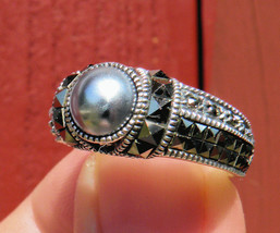 PRICED REDUCED ~ Vintage Marcasite Sterling Silver &amp; Hematitie Designer Ring - S - £93.57 GBP