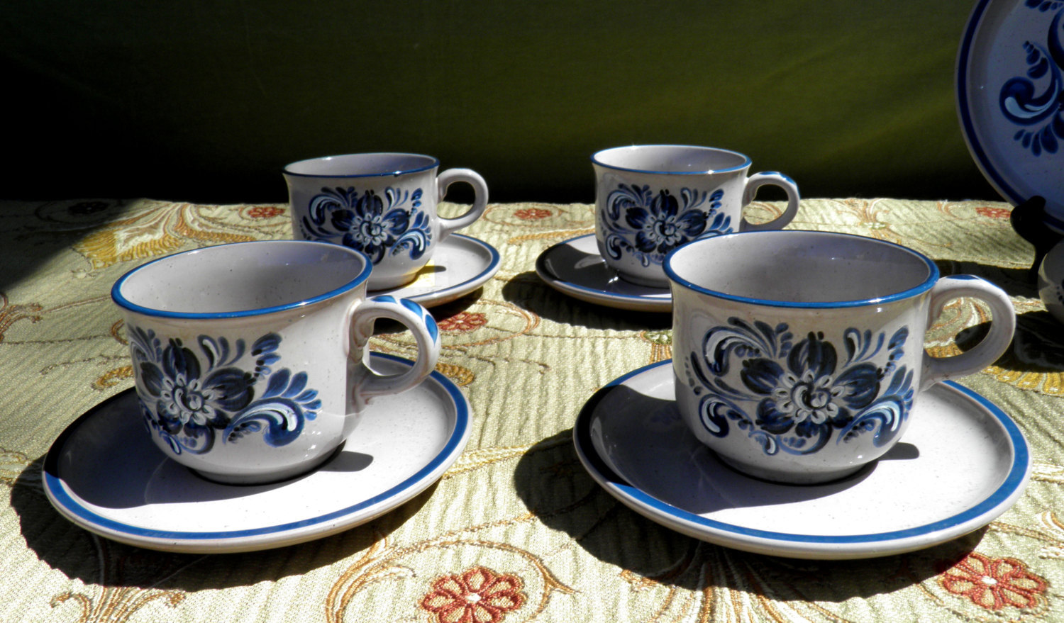 Bavarian Style Red Ware Coffee Cups and Saucers - with Floral Motif - Ceramic Re - $60.00