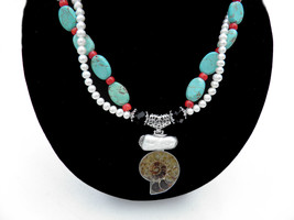 REDUCED - Land and Sea - Turquoise Stones &amp; Coral Beads with Natural Biwa Pearl  - £131.86 GBP