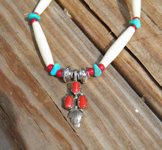 Sterling Coral Pendant - Hare Pipe - Turquoise &amp; Red Glass White Heart Beaded Ne - £113.78 GBP