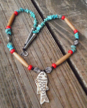 Carved Fish Pendant - Bone Hare Pipe - Turquoise &amp; Vintage Red Glass Crow Bead N - £90.46 GBP