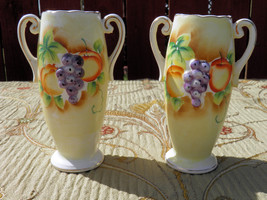 Pair of Vintage Majolica Trophy Handled Pottery Art Vases with Gold Trim - £17.22 GBP