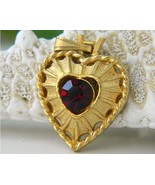 Vintage Heart Pendant Valentine Goldtone Ruby Red Rhinestone - £15.94 GBP