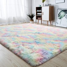 Junovo Soft Rainbow Area Rugs For Girls Room, Fluffy Colorful Rugs, Dyed Rainbow - £30.75 GBP