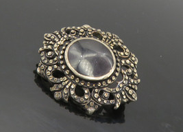 925 Sterling Silver - Vintage Inlaid Black Onyx Floral Brooch Pin - BP3649 - £22.83 GBP