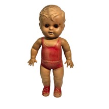 TOD-L-TIM Baby Doll Sun Rubber Squeaky Toy USA Vintage 50s Boy Red Outfit Squeak - £23.65 GBP