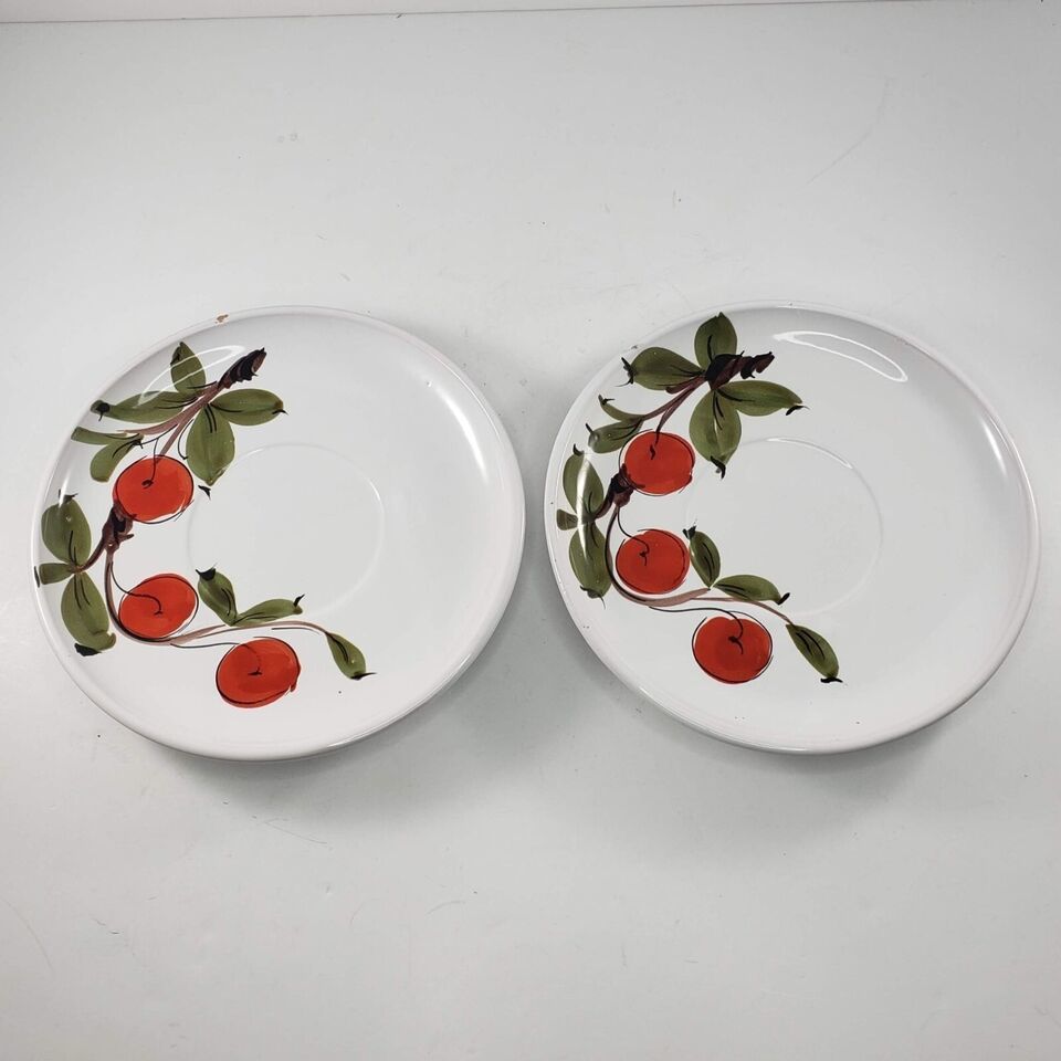 Primary image for Vintage Italy Cherry Plates Hand Painted Set of 2 7.5"