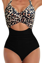 Black Leopard 2-tone Crossed Cutout Backless Monokini - $264.19 MXN