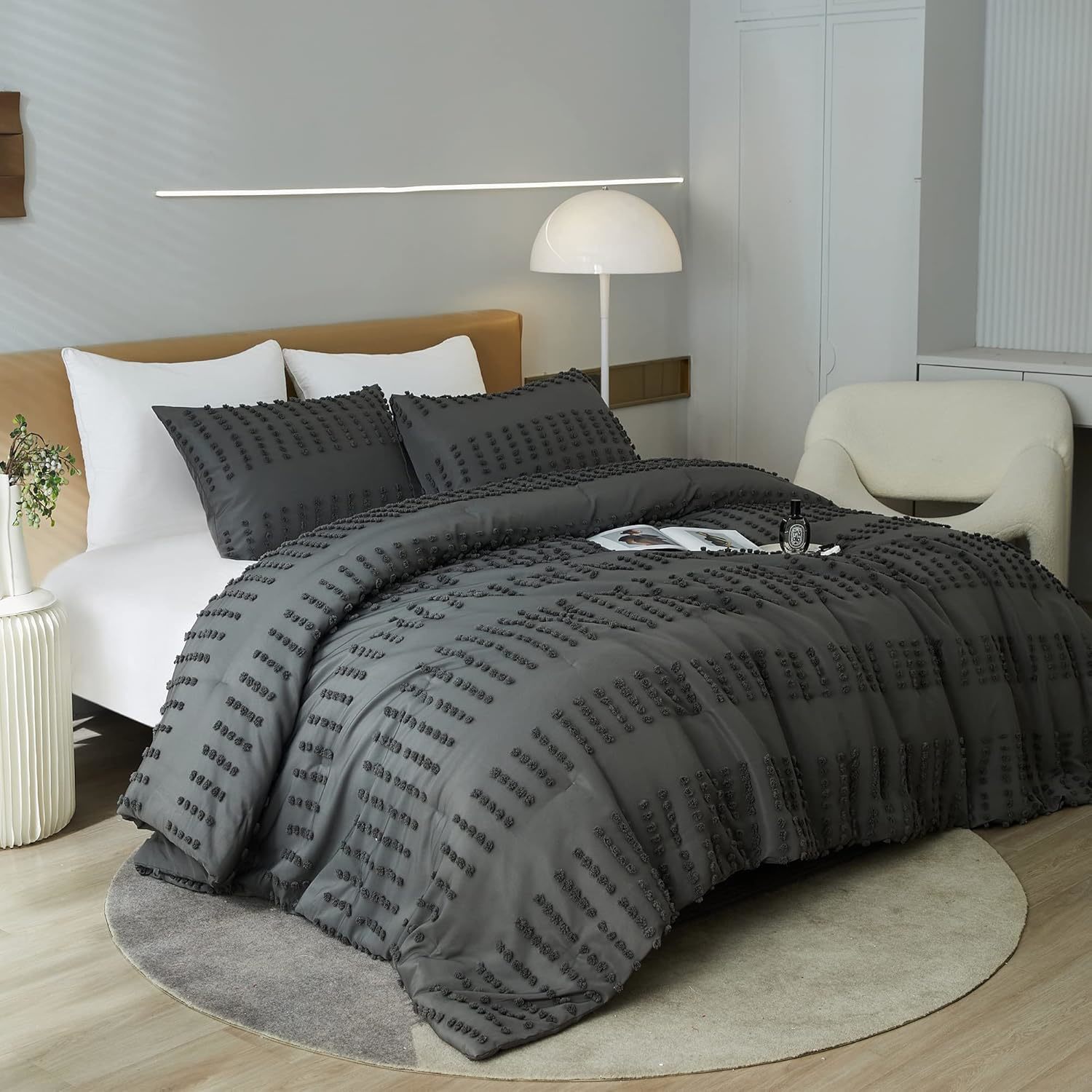 3 Piece Tufted Oversized King Comforter Set 120X120, Breathable Grey Pom Pom Jac