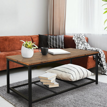 Rectangle Wood Coffee Table With Shelves Brown Livingroom Table With Metal Legs - £109.50 GBP