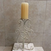 Wrought Iron Pillar Candle Holder Beige Heavy, Vintage with Candle. - $15.00