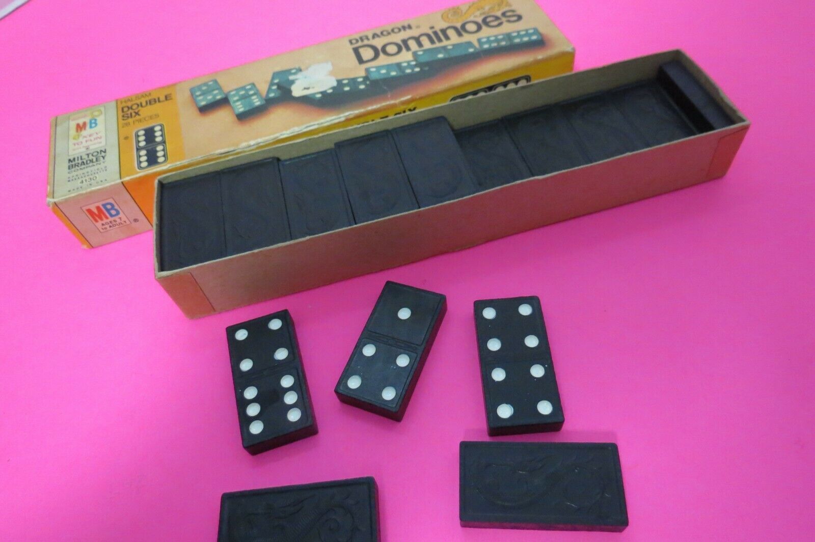 Primary image for Vintage 1970 Wooden Dragon Double Six Dominoes Milton Bradley Complete In Box